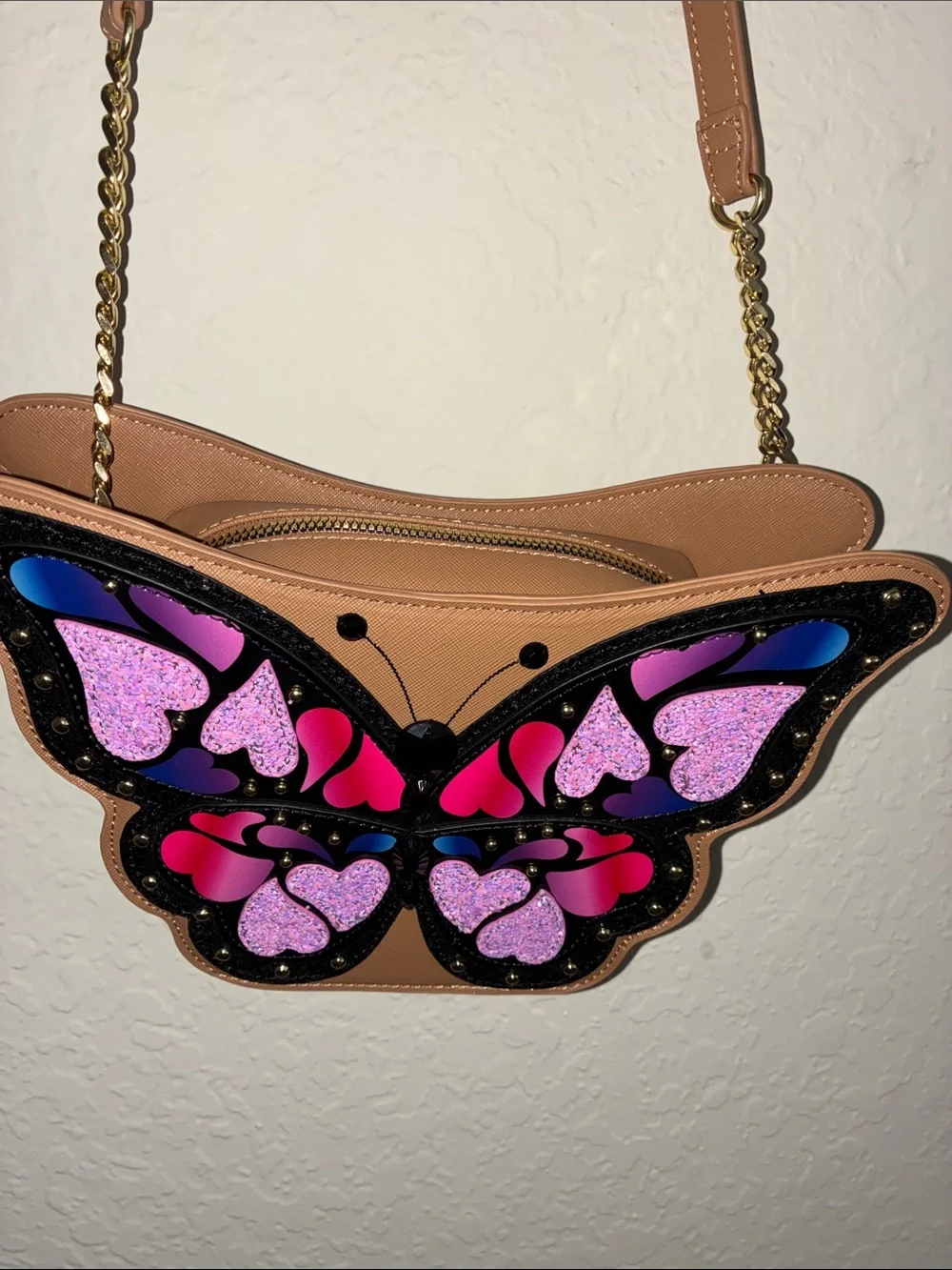 Betsey Johnson Tan Crossbody Bag with Purple, Pink and Blue Butterfly
